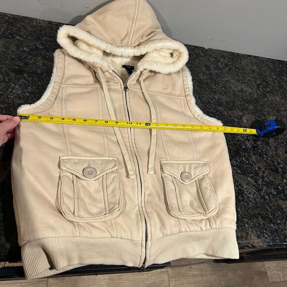 Vintage Y2K Gap Faux Fur Lined Hoodie Vest Cream Beige Womens Medium - Picture 8 of 11